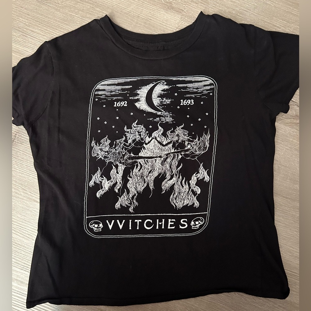 Black Graphic Tee with Witchy Design